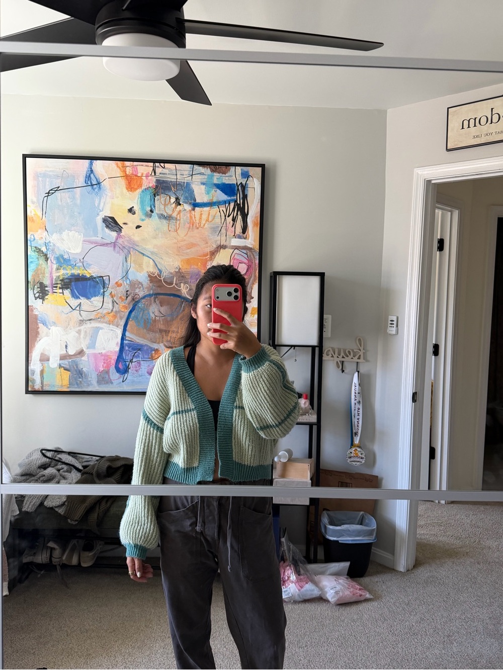 SHEIN Cream Cardigan with Teal Trim Ribbed Open-Front Sweater